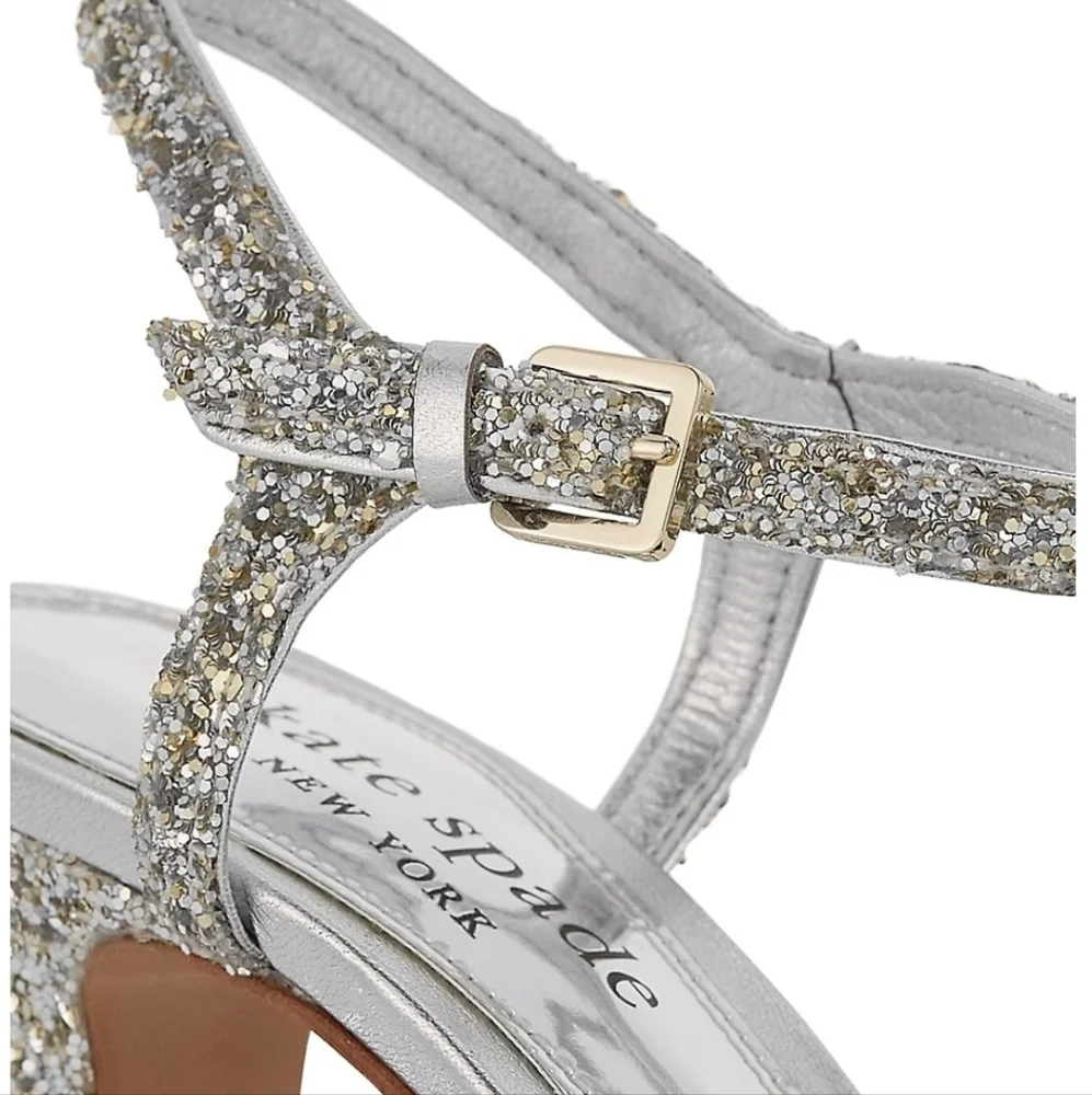 Kate Spade Miya Silver Glitter Bow Ankle Wrap Open Toe Platform Sandal Heel 7.5